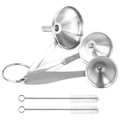 Large Small Funnel Set of 3, Food Grade Mini Funnels for Kitchen Use Filling Bottles Liquor Flask Tiny Spice Cooking Powder, 6Pcs Metal Stainless Steel Funnel (Long Handle), 2Pcs Cleaning Brushes YLYL