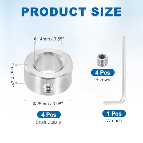 MECCANIXITY 4 Pcs Shaft Collars, 14mm Bore Solid Stainless Steel Set 1 Screw Shaft Collar 25mm OD 12mm Thickness for Motor Garden Cart Pulley Machinery and Industrial Use - size: 14mm ID 25mm OD 12mm H with 1 Screw
