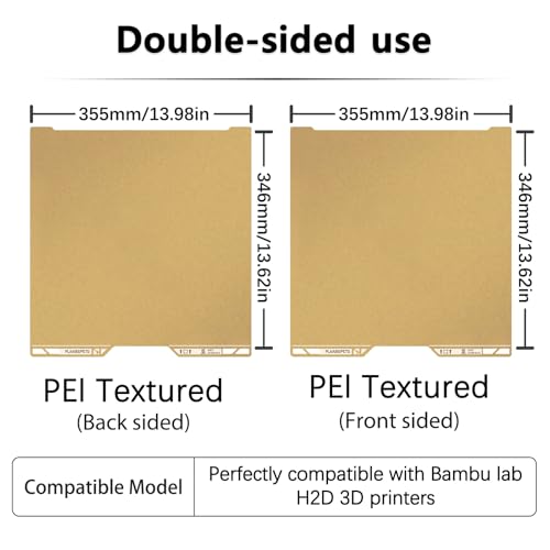 Same as OEM for Bambu H2D/H2S Textured PEI Plate with QR Code, 355x346mm Double Sided Flexible Spring Steel Magnetic Platform Print Bed PEI Sheet for Bambu Lab H2D/H2S 3D Printer(Gold) - color: PEI Plate(Gold）