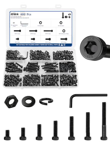 480PCS M4 Screws Assortment Kit, 12.9 Grade Alloy Steel Socket Head Cap Screws with Hex Nuts, Flat & Spring Lock Washers, Metric Bolt Set S3 Hex Key Included, Black Oxide, for 3D Printing - size: M4 480pcs