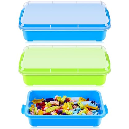 2 Pack Sensory Bin for Kids, 15inch Sand Tray with Lid, No-Mess Sensory Play Container for Sand, Building Blocks Storage, Portable Kids Activity Bin Indoor Outdoor(Blue, Green)