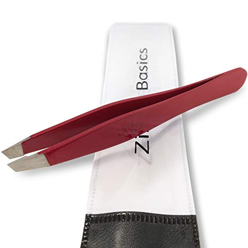 Tweezers – Surgical Grade Stainless Steel - Slant Tip for Expert Eyebrow Shaping and Facial Hair Removal – with Protective Pouch - Best Tweezer for Men and Women (Ruby Red) - color: Ruby Red