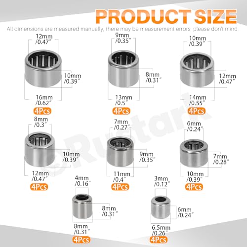 32Pcs 8 Sizes Needle Roller Bearings Assortment Kit Chrome Steel Open End Needle Bearing Drawn Cup Bearing for Machinery Automotive Agricultural Equipment