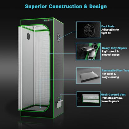 2x2 Tall Grow Tent Kit with LED Grow Light, 24"x24"x72" 1680D Mylar Indoor Grow Tent Starter System with AG1000 100W Full Spectrum Dimmable Plant Light for Hydroponics, Herbs, Vegetables, Seedlings - size: 24" x 24" x 72"