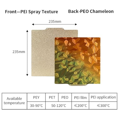 BORDSTRACT Double-Sided Build Plate, PEI Spray + PEO Chameleon Spring Steel Flexible Plate 235x235mm Without Soft Magnetic Base for Most Models of 3D Printer Platforms - style: PEI spray + PEO chameleon 235*235mm