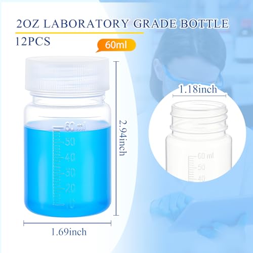 Tatuo 12 Pcs 2oz 60 ml Plastic Sample Bottles with Screw Cap, Liquid Containers with Lid for Lab Reagent Sample Medicine Pill Water Storage, Travel Bottles(Clear,Wide Mouth-White Scale) - color: Clear, size: 2 oz 60 ml, style: Wide Mouth-white Scale