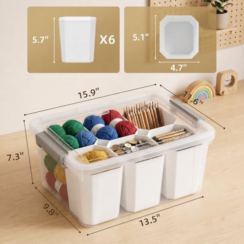 Trivon 17 QT Clear Storage Bin with Lid, 6 Removable Bins, Craft Organizer