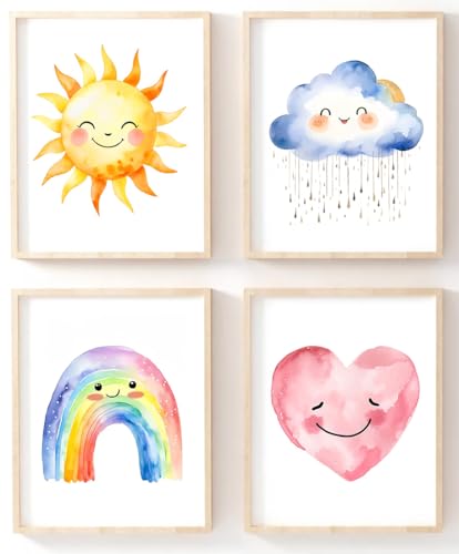 Girls Rainbow Canvas Wall Art Watercolor Sun Clouds Heart poster 8X10Inch - color: 8x10inch (Unframed)b