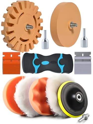 Rubber Eraser Wheel,Decal Sticker Remover Tool Kit with Drill Adapter,Vinyl Adhesive Removal Tool,Razor Blade Scraper,Polishing Pad Wool Buffing Pad