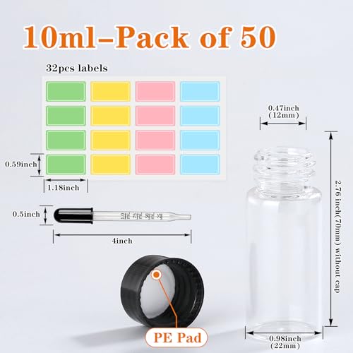 10ml 50pcs Clear Small Glass Vials with Screw Cap (with Droppers & Lables) - size: 10ml 50pcs