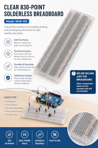 Economy Solderless Clear Plug-in Breadboard 830 Tie Points, 6.5" x 2.1" - ROHS Compliant