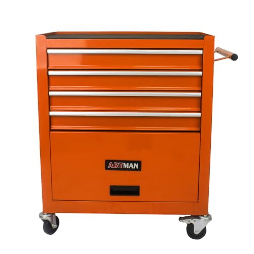 4 DRAWERS MULTIFUNCTIONAL TOOL CART WITH WHEELS-ORANGE (Orange + Steel)