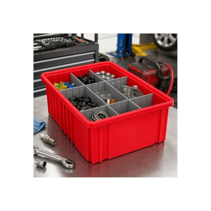 QUANTUM STORAGE SYSTEMS DG93080RD Dividable Grid Storage Container, Heavy-Duty Stackable Plastic Parts Bin for Warehouse, Assembly & Industrial Organization, 22-1/2" x 17-1/2" x 8", Red, 3-Pack