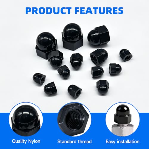 150PCS Black Acorn Cap Nuts Assortment Kit M3 M4 M5 M6 M8 M10 Nylon Dome Hex Nut Bolt Covers Caps for Screws YY042