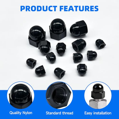 150PCS Black Acorn Cap Nuts Assortment Kit M3 M4 M5 M6 M8 M10 Nylon Dome Hex Nut Bolt Covers Caps for Screws YY042