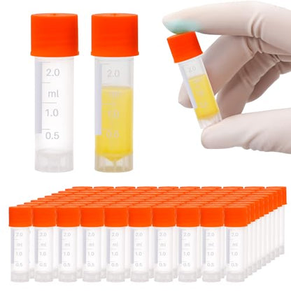100 Pcs 2ml Vials Centrifuge Tubes Plastic Sample Small Cryogenic Vials with Screw Caps Graduated Bottles Test Tubes with Lids (Orange) - color: Orange