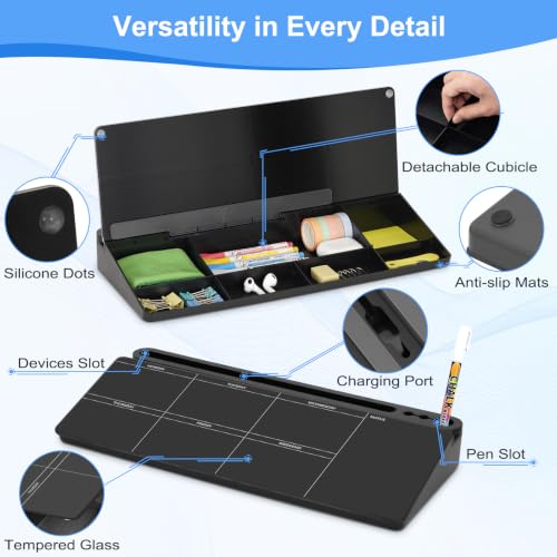 Desktop Glass Whiteboard with Storage, Weekly Calendar Desk White Board - color: Organizer-black Weekly Planner