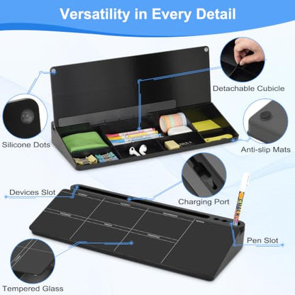 Desktop Glass Whiteboard with Storage, Weekly Calendar Desk White Board - color: Organizer-black Weekly Planner