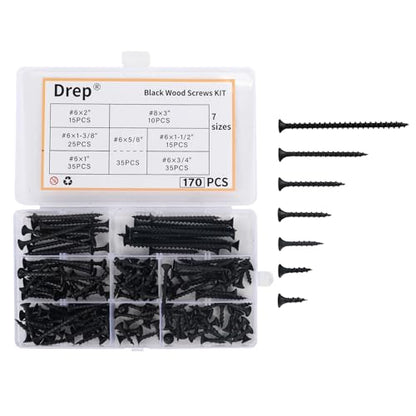 170-Piece Screw Assortment Kit, Multi-Size Phillips Flat Head Black Wood Screws for Home Repair and Furniture Assembly - size: Multi-Size
