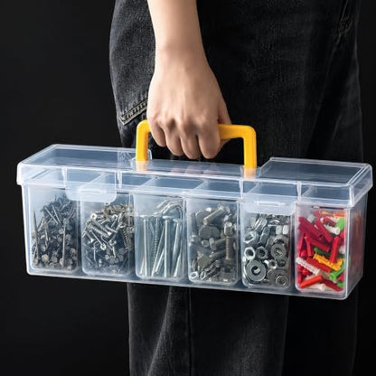 Tool Storage Box, Small Parts Organizer with 1 Outer Box & 6 Removable Dividers, Hardware Container Gift for Men Screws, Nuts, Electronics, Crafts, Fishing, Garage, Father's Day
