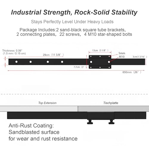 Heavy Duty Table Extension Brackets (Set of 2), 26" Steel Support Rails for DIY Dining Table Leaf, Matte Black Steel Hardware for Extending Solid Wood Dining Tables - size: 26 Inch (2-Pack)