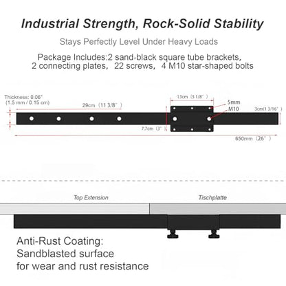 Heavy Duty Table Extension Brackets (Set of 2), 26" Steel Support Rails for DIY Dining Table Leaf, Matte Black Steel Hardware for Extending Solid Wood Dining Tables - size: 26 Inch (2-Pack)