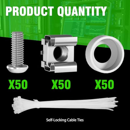 M6 x 16mm Rack Mount Cage Nuts, Screws and Washers - 50 Pack for Server Cabinets, Shelves, Routers - Self-Locking Cable Ties - color: Silver