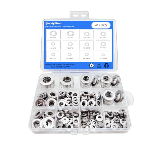 412PCS M4-M12 Silver 304 Stainless Steel Washers Kit - size: 412PCS,M4,M5,M6,M8,M10,M12