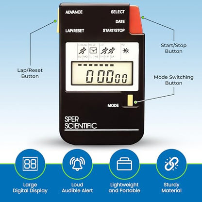 Sper Scientific Large Display Digital Stopwatch with Clock Functions & Alarm 810022 - Easy-to-Read LCD Timer, Durable & Portable Stopwatch for Labs, Classrooms, Sports Events & More - 2 pc - size: 2 Pack