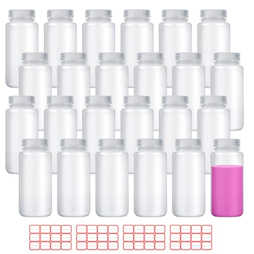 24 Pcs 16oz/500ml Plastic Sample Bottles with 4 Label Sheets Leak Proof Containers Laboratory Grade Wide Mouth Reagent Bottles with Lids Clear Liquid Storage Containers for Lab Classroom Home