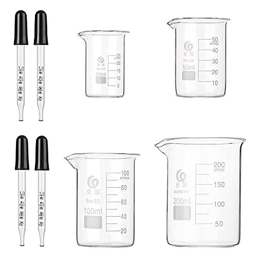 Glass Beaker Set 4 Pack – 25-200ml, Low Form, with Pipettes