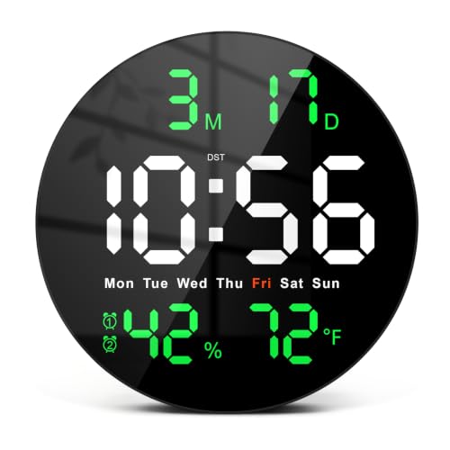 10 Inch Large Digital Wall Clock, LED Round Electric Clocks with Dual Timers (Count Up/Down), 12/24hr Mode, Date, Temperature, Remote Control for Classroom, Home Office, Bedroom (Green) - color: Green