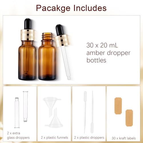 30 Pack 20ml Amber Glass Dropper Sample Bottles with Golden Caps - color: Amber, size: 20mL-30pcs