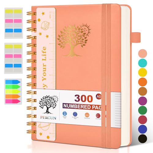 PERCUN Spiral Notebook 300 Numbered Lined Pages Hardcover Journal 5.9"x8.5" - color: Pink, size: A5 size (5.9in x 8.5in)