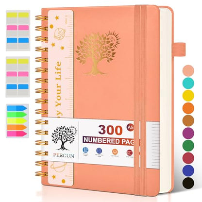 PERCUN Spiral Notebook 300 Numbered Lined Pages Hardcover Journal 5.9"x8.5" - color: Pink, size: A5 size (5.9in x 8.5in)