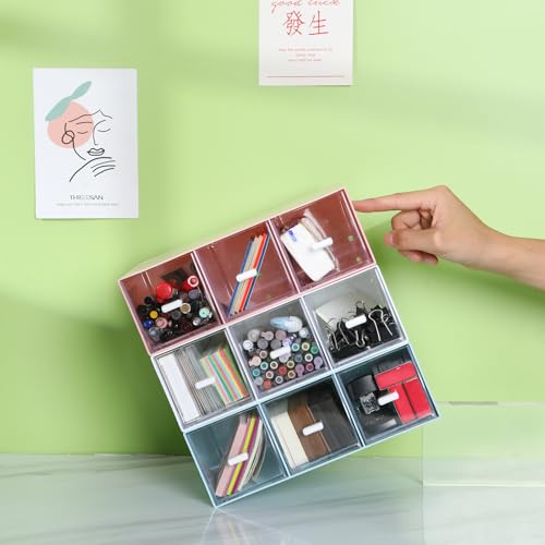 Desk Organizer 3 Drawers, Stackable Makeup Organizer, Small Toolbox - color: 1 Tall Layer & 3 Drawers, Pink