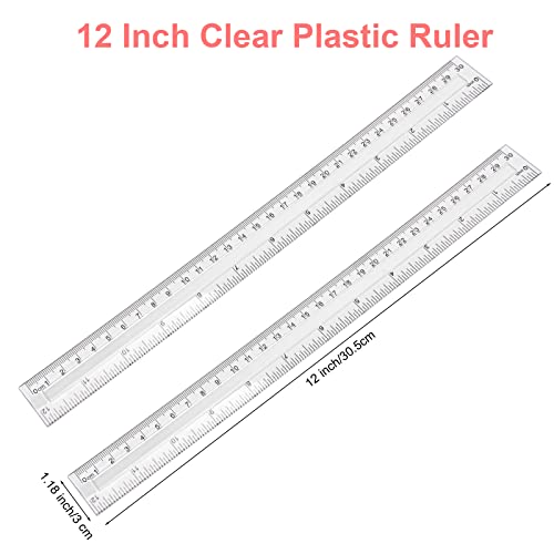 2 Pack-12 inch Clear Plastic Ruler Straight Shatterproof Transparent Rulers for Office Supply (Clear) - size: 12 inch