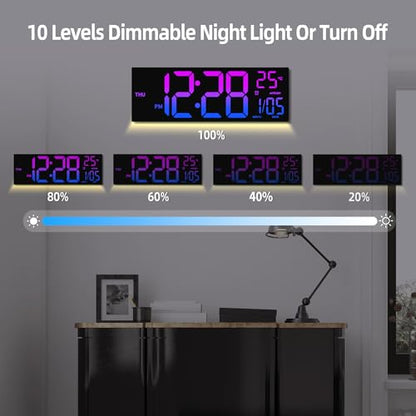 HAITANG 16.2" Black Digital Wall Clock, 8 Colors, Remote & Night Light - color: Black