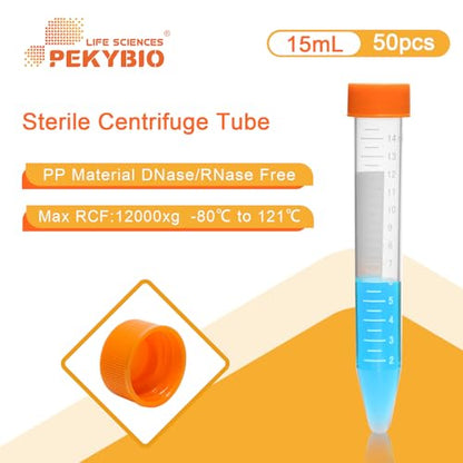 PEKYBIO 15ml Centrifuge Tubes with Leak-Proof Screw Cap, Sterile Plastic Test Tubes Conical Bottom, 50Pcs - size: 15ML Concial Bottom