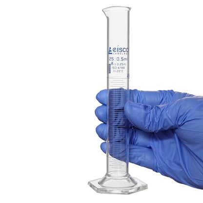 Graduated Cylinder, 25ml - Class A Tolerance ±0.25ml - Hexagonal Base - Blue Graduations - Borosilicate 3.3 Glass - Eisco Labs - size: 25mL