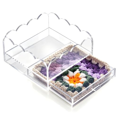 Scalloped Acrylic Tray with Slide-Out Drawer for Needlepoint Inserts, 4x4 Inch Clear Display Case for Photos, Art & Embroidery, Decorative Trinket Jewelry Organizer with Polished Wavy Edges
