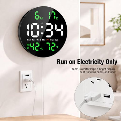 10 Inch Large Digital Wall Clock, LED Round Electric Clocks with Dual Timers (Count Up/Down), 12/24hr Mode, Date, Temperature, Remote Control for Classroom, Home Office, Bedroom (Green) - color: Green