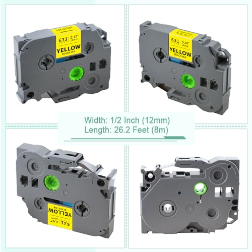 12-Pack Compatible for Brother Tze-631 12mm 1/2" Black on Yellow Label Tape - color: Black on Yellow, size: 0.47 inch (12mm) (Pack of 2)