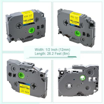 12-Pack Compatible for Brother Tze-631 12mm 1/2" Black on Yellow Label Tape - color: Black on Yellow, size: 0.47 inch (12mm) (Pack of 2)