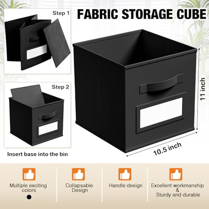 10 Pack Fabric Storage Cubes with Label 11" Collapsible Cube Bins, Black - color: Black, size: 11 Inch