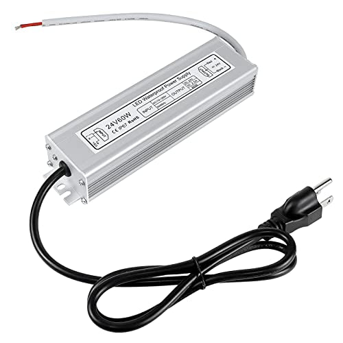 inShareplus LED Power Supply, 24V 60W IP67 Waterproof Outdoor Driver, AC 110-260V to DC 24V 2.5A Low Voltage Transformer, Adapter with 3-Prong Plug for LED Light, Computer Project, Outdoor Use - style: 24V 60W