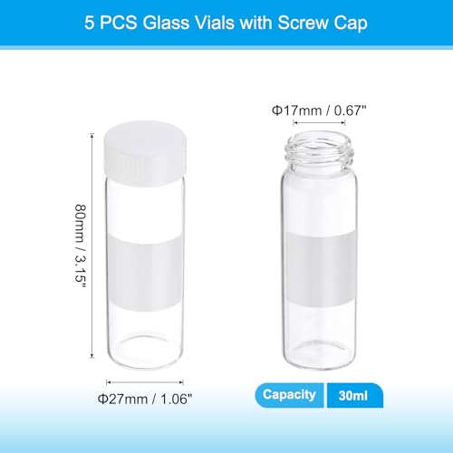 PATIKIL Small Glass Sample Bottles with Lids, 5 Pcs 30ml Clear Glass Vials with White Screw Caps Mini Leak Proof Reagent Sealed Bottles with Writing Label for Solid Liquid Powder Storage - color: White/Clear, size: 30ml