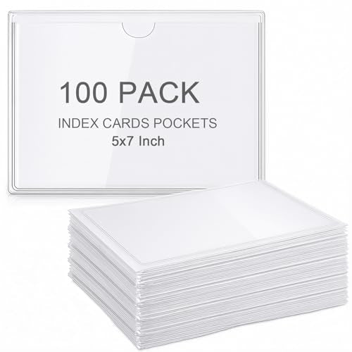 Outus 100 Pcs Index Card Pockets, 5 x 7 Inch Clear Self Adhesive Pockets - size: 5 x 7 Inch