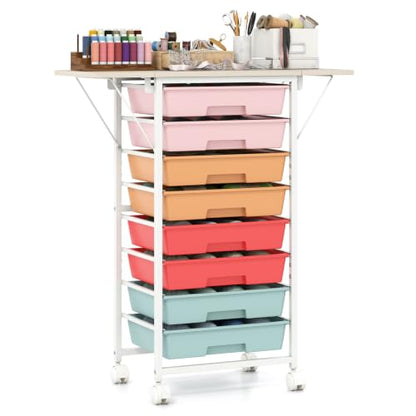 Giantex 8 Drawers Rolling Cart with Wheels, Folding Wood Top - color: Macaron, size: 8 Drawer-26.5"x11"x30"