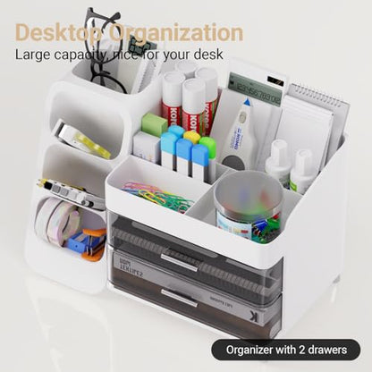 White Desk Organizer with Drawers, 2-Tier Desktop Organizer with Pen Holder, Office Supply Organizer for Desk Organization and Storage